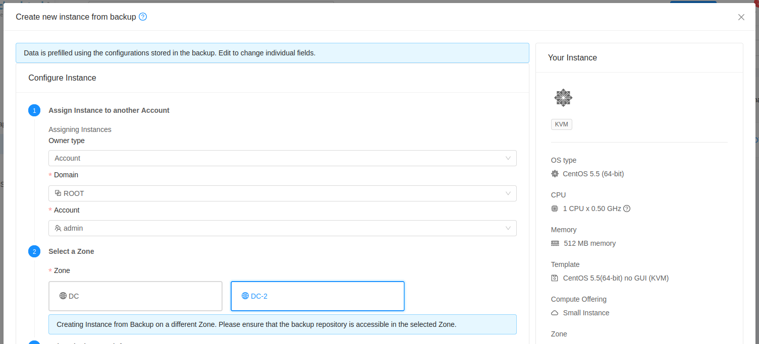 Select Zone when creating Instance from Backup